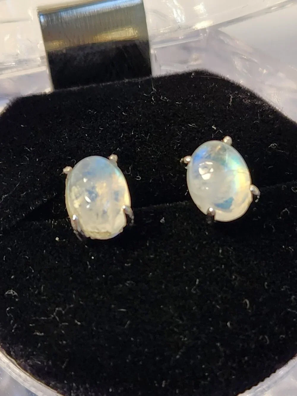 VTG NIB 925 Natural Clear Blue Fire Rainbow Moonstone Stud Earrings My Last One - Picture 2 of 14